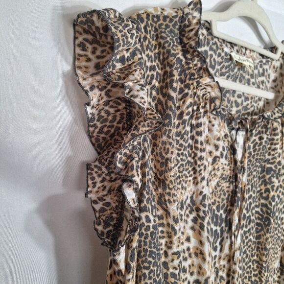 Indigo Rose Womens Leopard Blouse Cap Sleeve Ruffle Tie Neck Brown Black 3X - Picture 7 of 13